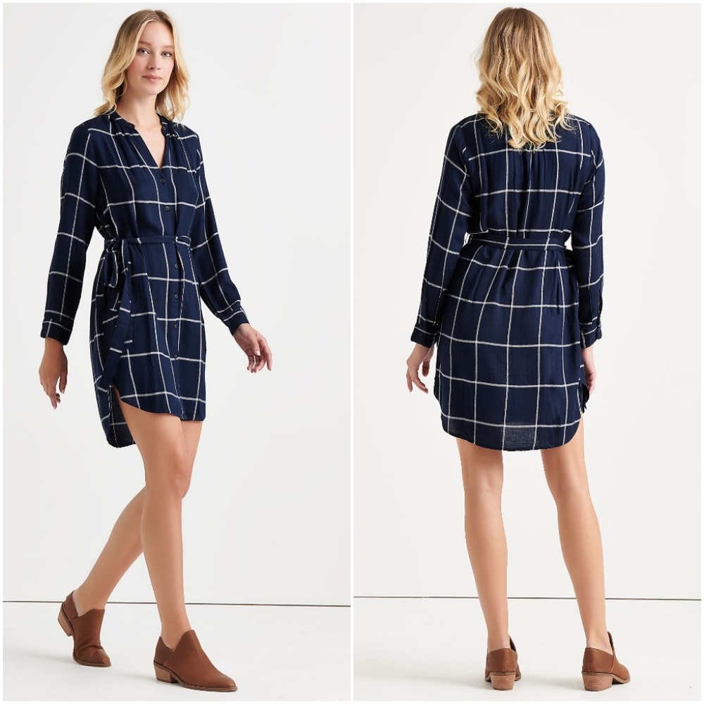 Lucky Brand Navy Blue White Plaid Tie Shirt Dress - Picture 1 of 8